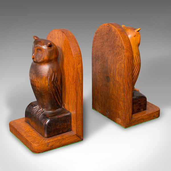 Pair of Vintage Owl Figure Bookends, English, Carved Oak Book Rest, Circa 1970