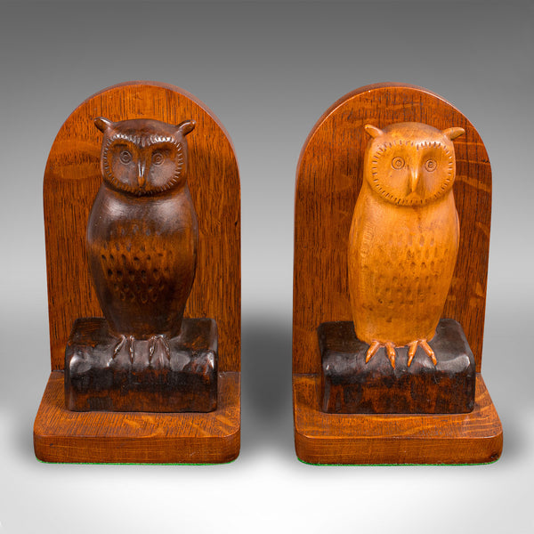 Pair of Vintage Owl Figure Bookends, English, Carved Oak Book Rest, Circa 1970