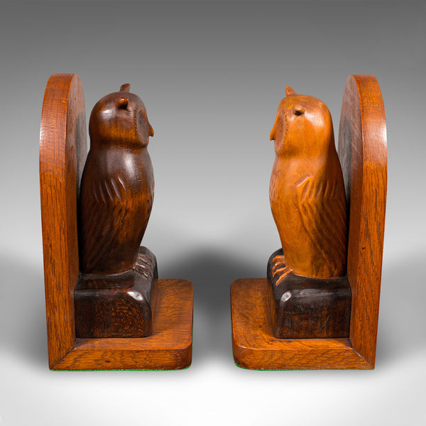 Pair of Vintage Owl Figure Bookends, English, Carved Oak Book Rest, Circa 1970