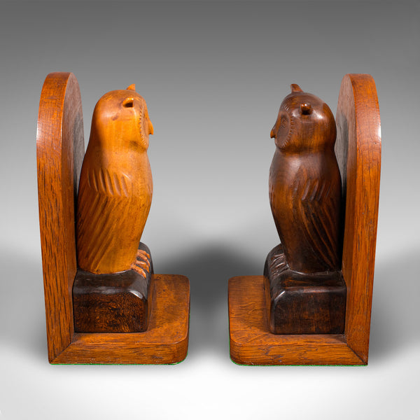 Pair of Vintage Owl Figure Bookends, English, Carved Oak Book Rest, Circa 1970