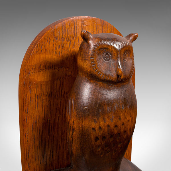 Pair of Vintage Owl Figure Bookends, English, Carved Oak Book Rest, Circa 1970