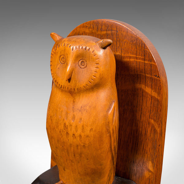 Pair of Vintage Owl Figure Bookends, English, Carved Oak Book Rest, Circa 1970