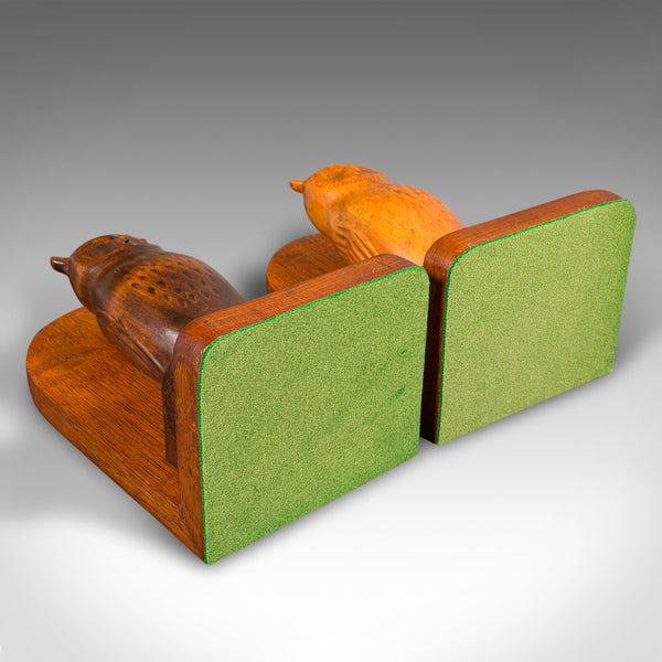 Pair of Vintage Owl Figure Bookends, English, Carved Oak Book Rest, Circa 1970
