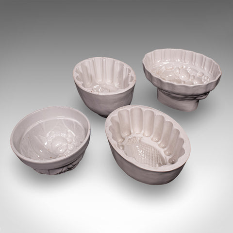 Set of 4 Antique Jelly Moulds, English, Ceramic, Country Kitchen, Victorian