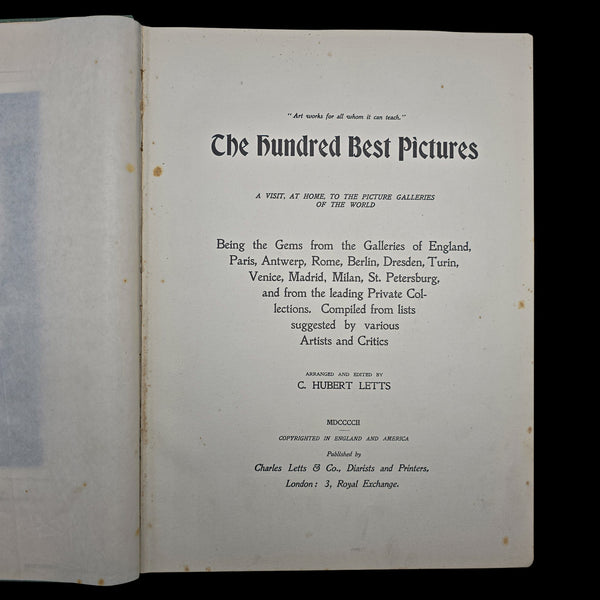 Antique Art Book, The Hundred Best Pictures, Hardcover, Illustrated, Edwardian