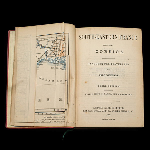 Small Antique Baedeker's South Eastern France Guide Book, Victorian, Travel Maps