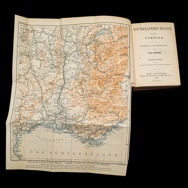 Small Antique Baedeker's South Eastern France Guide Book, Victorian, Travel Maps