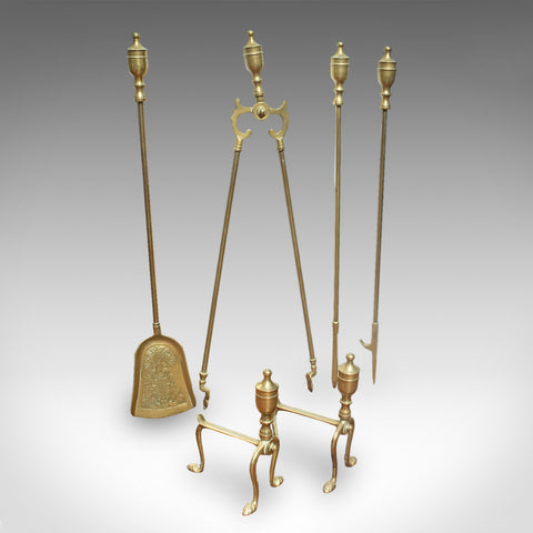 4 Antique Fireside Tools, English, Brass, Fireplace Companion Set, Victorian