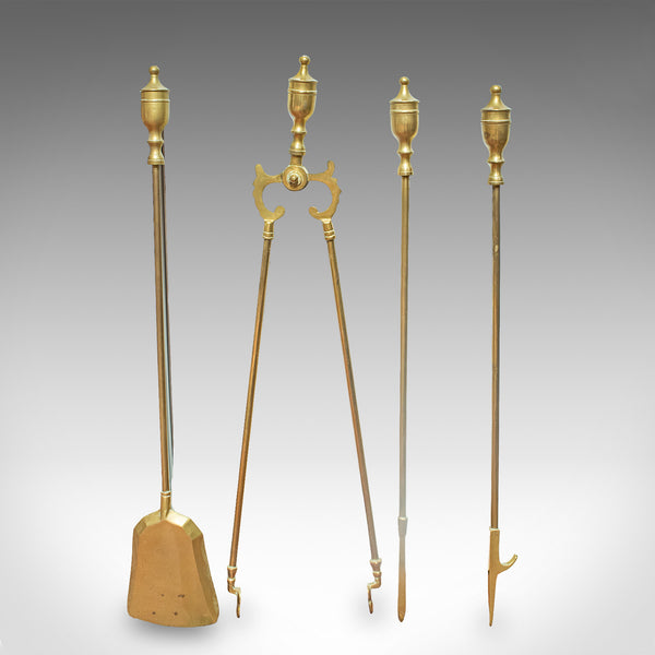4 Antique Fireside Tools, English, Brass, Fireplace Companion Set, Victorian