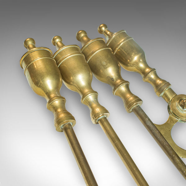 4 Antique Fireside Tools, English, Brass, Fireplace Companion Set, Victorian