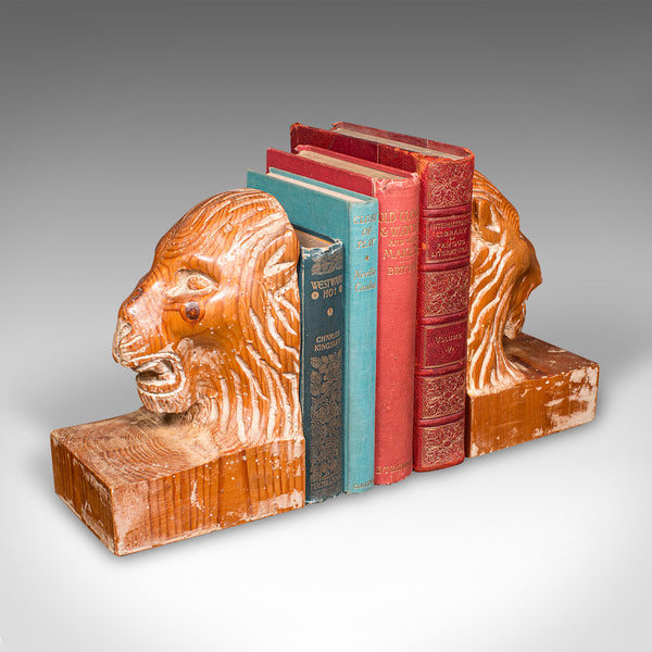 Pair of Antique Carved Lion Bookends, English Pine, Georgian Revival, Edwardian