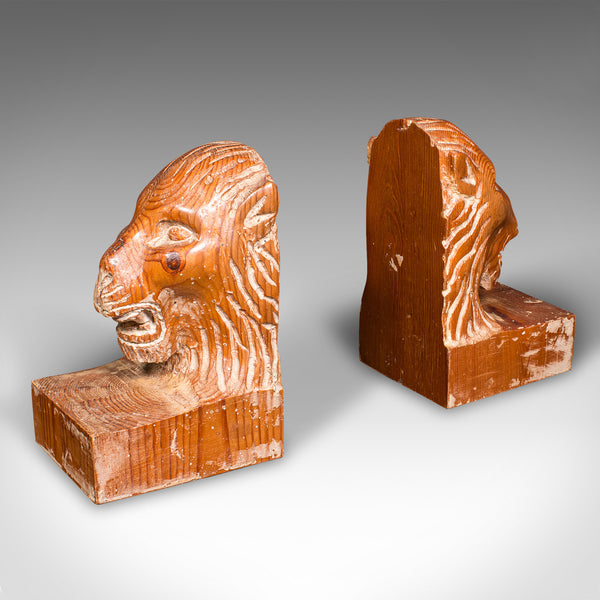 Pair of Antique Carved Lion Bookends, English Pine, Georgian Revival, Edwardian