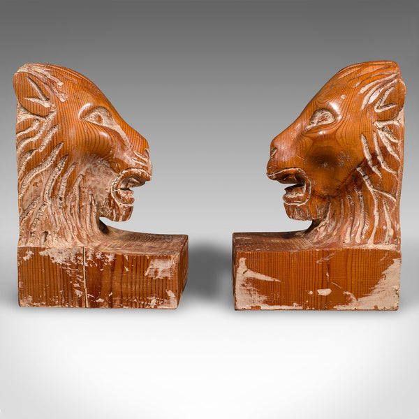 Pair of Antique Carved Lion Bookends, English Pine, Georgian Revival, Edwardian