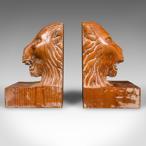 Pair of Antique Carved Lion Bookends, English Pine, Georgian Revival, Edwardian