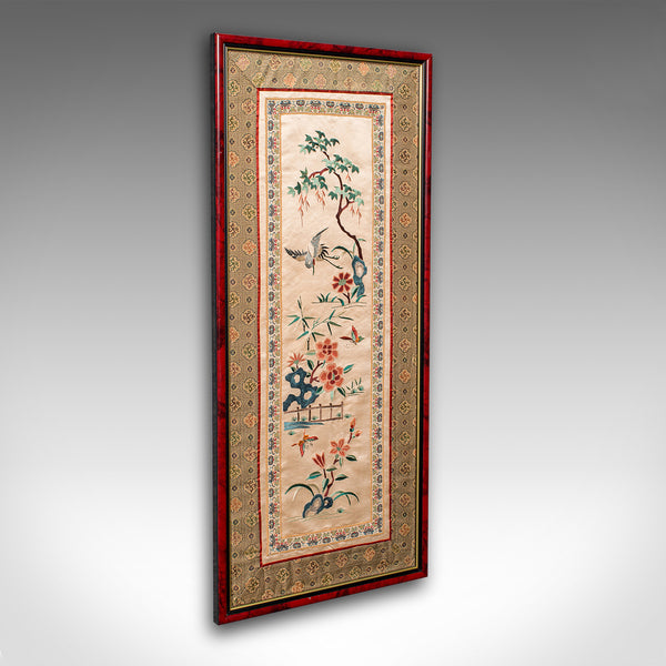 Vintage Embroidered Wall Display Panel, Chinese, Silk Cotton, Art Deco, C.1930