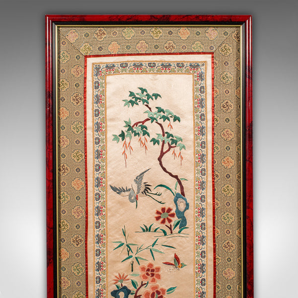Vintage Embroidered Wall Display Panel, Chinese, Silk Cotton, Art Deco, C.1930