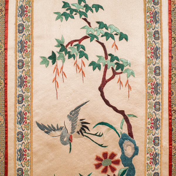 Vintage Embroidered Wall Display Panel, Chinese, Silk Cotton, Art Deco, C.1930