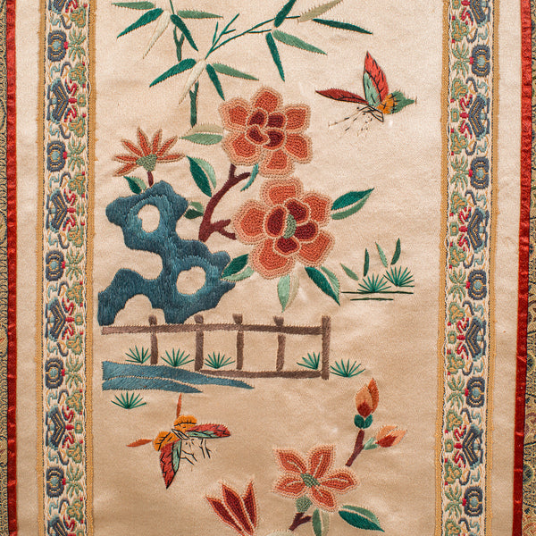 Vintage Embroidered Wall Display Panel, Chinese, Silk Cotton, Art Deco, C.1930