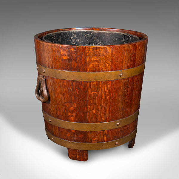 Antique Fireside Store, English, Oak, Coopered Fire Bucket, Coal Bin, Circa 1920