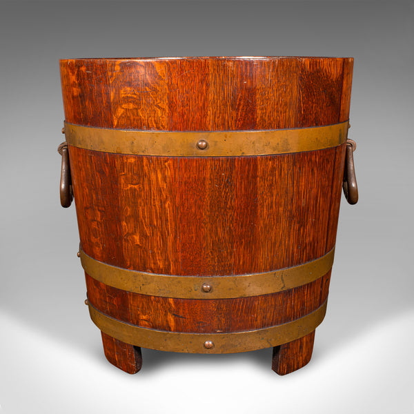 Antique Fireside Store, English, Oak, Coopered Fire Bucket, Coal Bin, Circa 1920