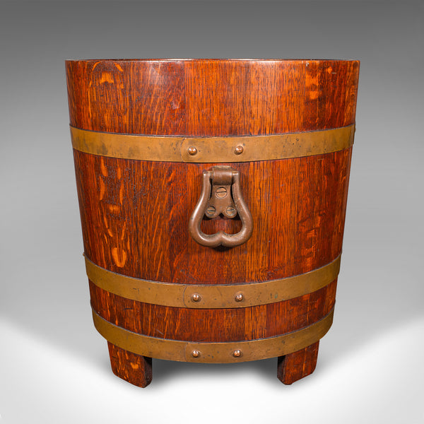 Antique Fireside Store, English, Oak, Coopered Fire Bucket, Coal Bin, Circa 1920