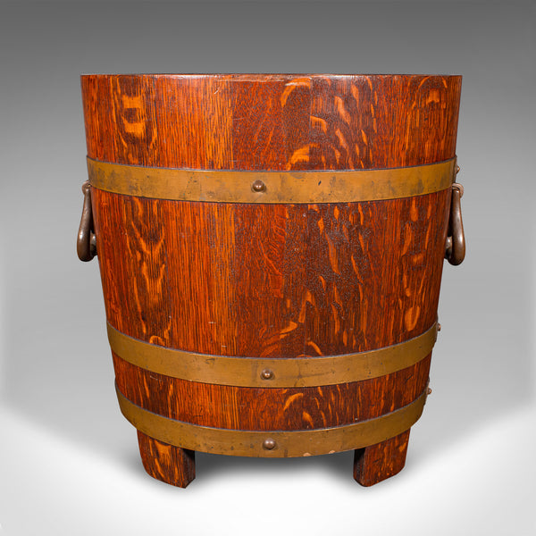 Antique Fireside Store, English, Oak, Coopered Fire Bucket, Coal Bin, Circa 1920