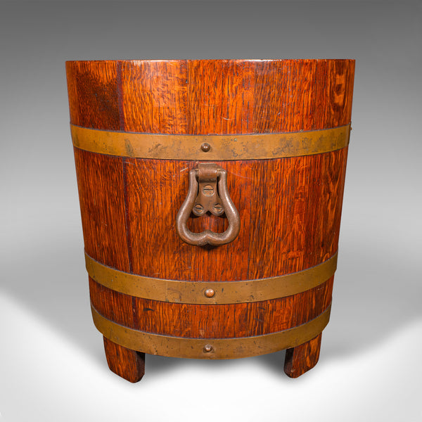 Antique Fireside Store, English, Oak, Coopered Fire Bucket, Coal Bin, Circa 1920