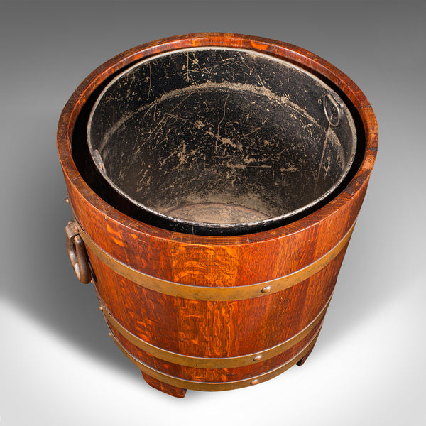 Antique Fireside Store, English, Oak, Coopered Fire Bucket, Coal Bin, Circa 1920