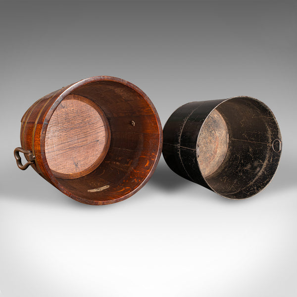 Antique Fireside Store, English, Oak, Coopered Fire Bucket, Coal Bin, Circa 1920
