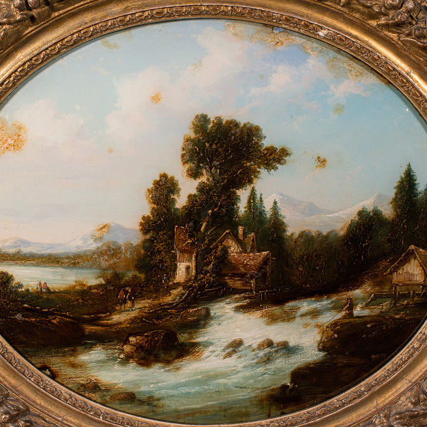 Antique Convex Landscape Painting, English, Mezzotint Art, Victorian, Picture