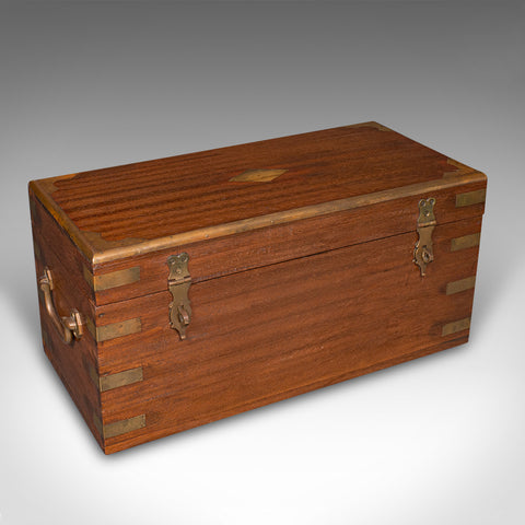 Small Antique Display Chest, Indian, Teak, Miniature Campaign Trunk, Victorian