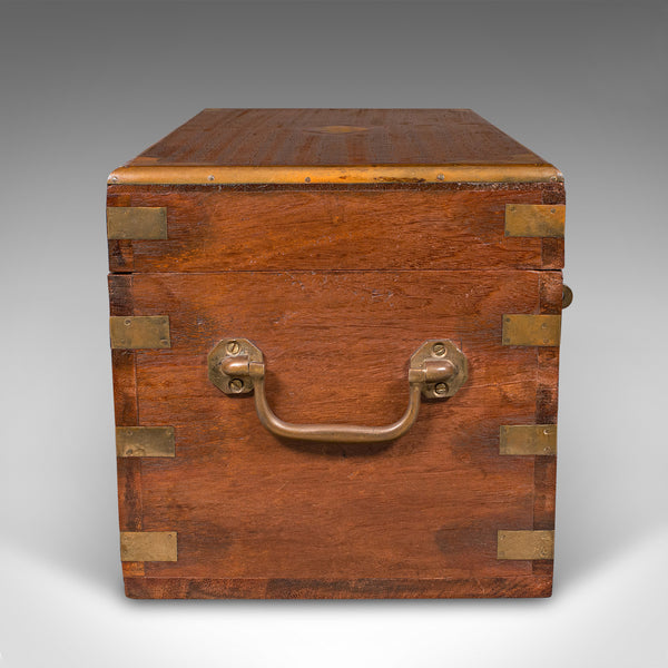 Small Antique Display Chest, Indian, Teak, Miniature Campaign Trunk, Victorian