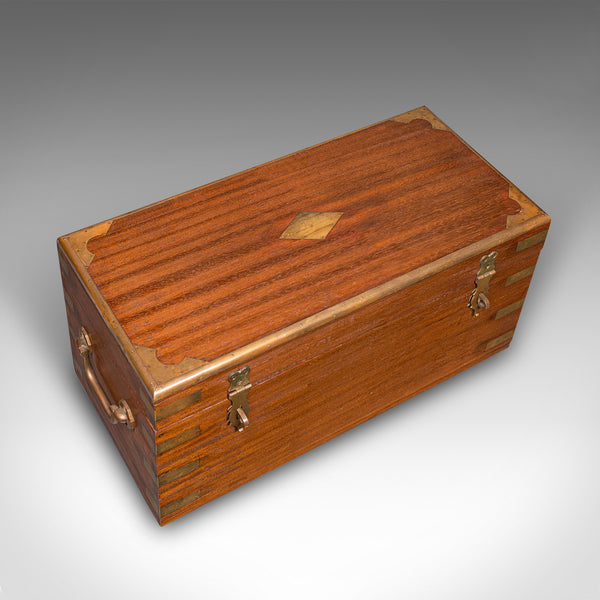 Small Antique Display Chest, Indian, Teak, Miniature Campaign Trunk, Victorian