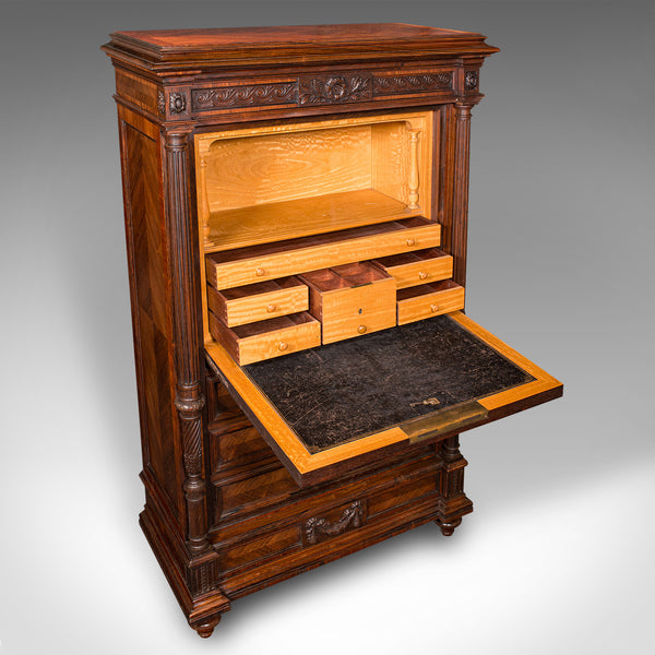 Antique Tallboy Correspondence Desk, French, Kingwood, Escritoire, Victorian