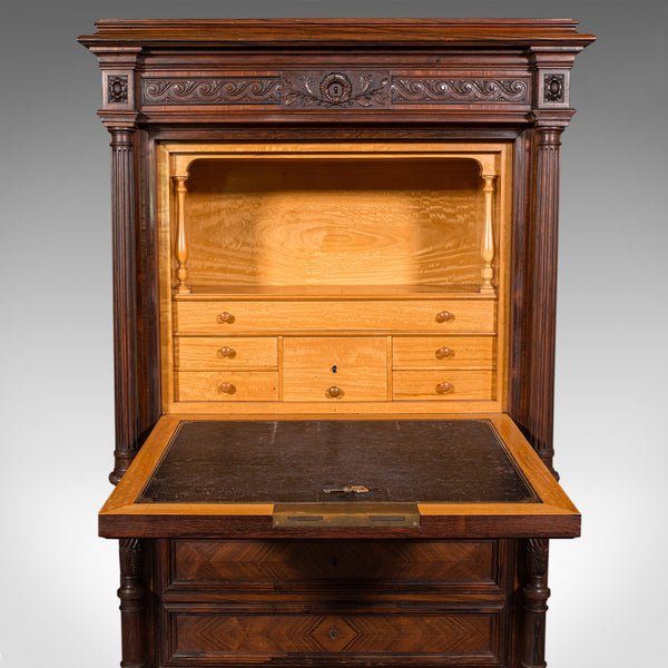 Antique Tallboy Correspondence Desk, French, Kingwood, Escritoire, Victorian