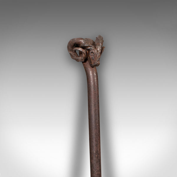 Antique Ram's Head Fire Poker, English Wrought Iron, Aries, Fireplace, Edwardian