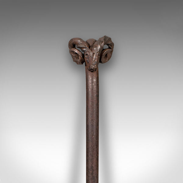 Antique Ram's Head Fire Poker, English Wrought Iron, Aries, Fireplace, Edwardian