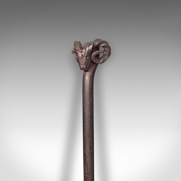 Antique Ram's Head Fire Poker, English Wrought Iron, Aries, Fireplace, Edwardian