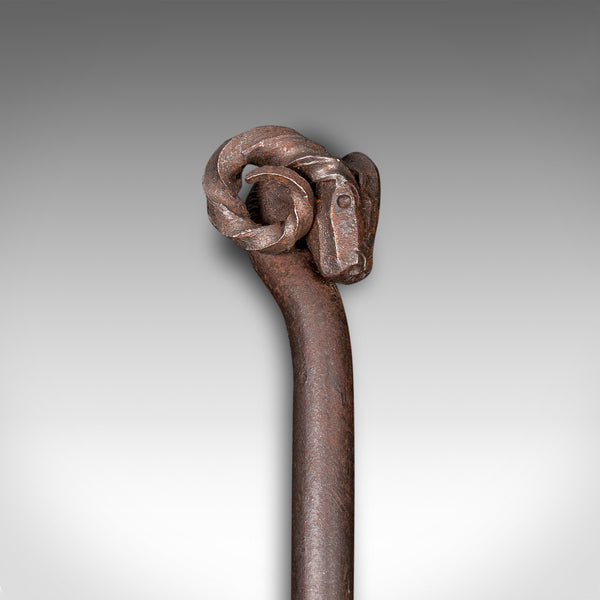 Antique Ram's Head Fire Poker, English Wrought Iron, Aries, Fireplace, Edwardian