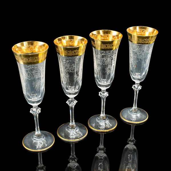 Set Of 12 Vintage Champagne Flutes, Continental, Wine Glass, Gold Leaf, C.1980