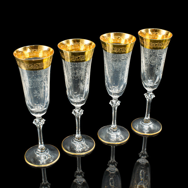 Set Of 12 Vintage Champagne Flutes, Continental, Wine Glass, Gold Leaf, C.1980
