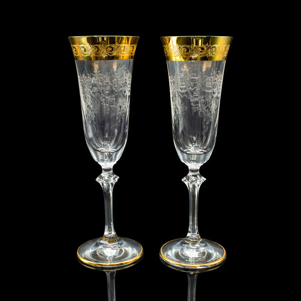 Set Of 12 Vintage Champagne Flutes, Continental, Wine Glass, Gold Leaf, C.1980