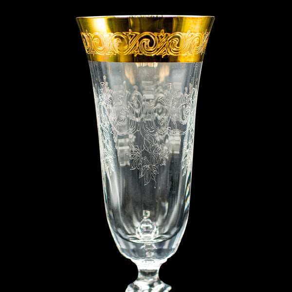 Set Of 12 Vintage Champagne Flutes, Continental, Wine Glass, Gold Leaf, C.1980