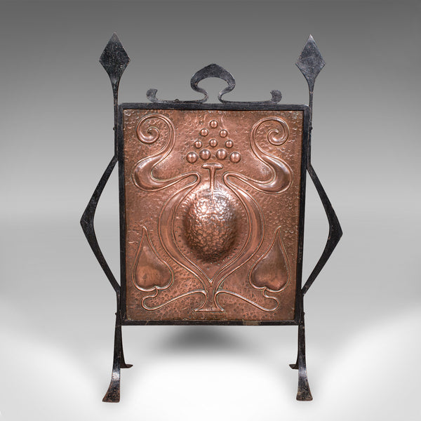 Antique Fire Screen, French, Copper, Fireplace Reflector, Art Nouveau, Victorian