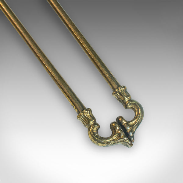 Set of 3 Antique Fireside Tools, English, Tongs, Poker, Art Nouveau, Victorian