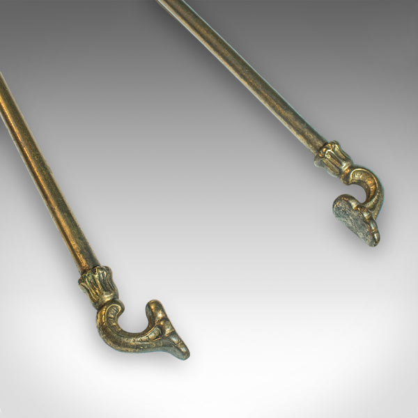 Set of 3 Antique Fireside Tools, English, Tongs, Poker, Art Nouveau, Victorian