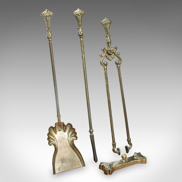 Set of 3 Antique Fireside Tools, English, Tongs, Poker, Art Nouveau, Victorian