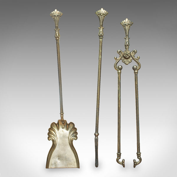 Set of 3 Antique Fireside Tools, English, Tongs, Poker, Art Nouveau, Victorian
