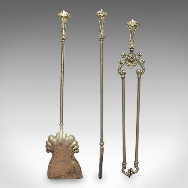 Set of 3 Antique Fireside Tools, English, Tongs, Poker, Art Nouveau, Victorian