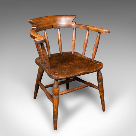 Antique Captain’s Bow Chair, English, Beech, Elm, Home Office, Seat, Victorian
